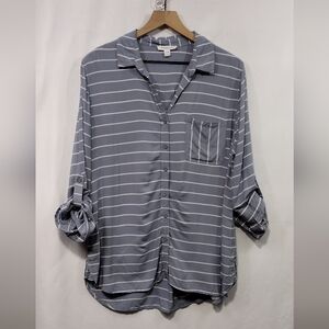 BeachLunchLounge Stripped Button Shirt Womens L Gray Boho Retro 90s Y2K Casual